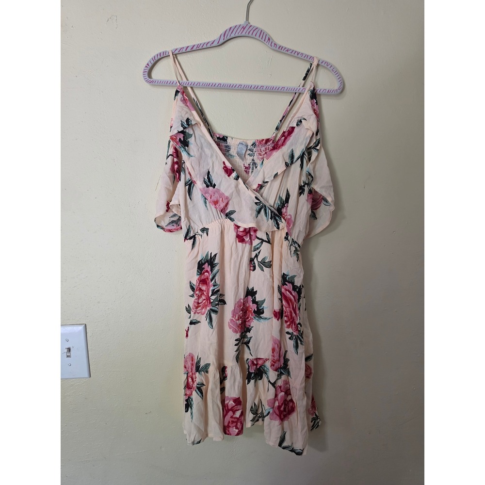 Charlotte Russe Peach Pink Floral Cold Shoulder Smocked Mini Dress L